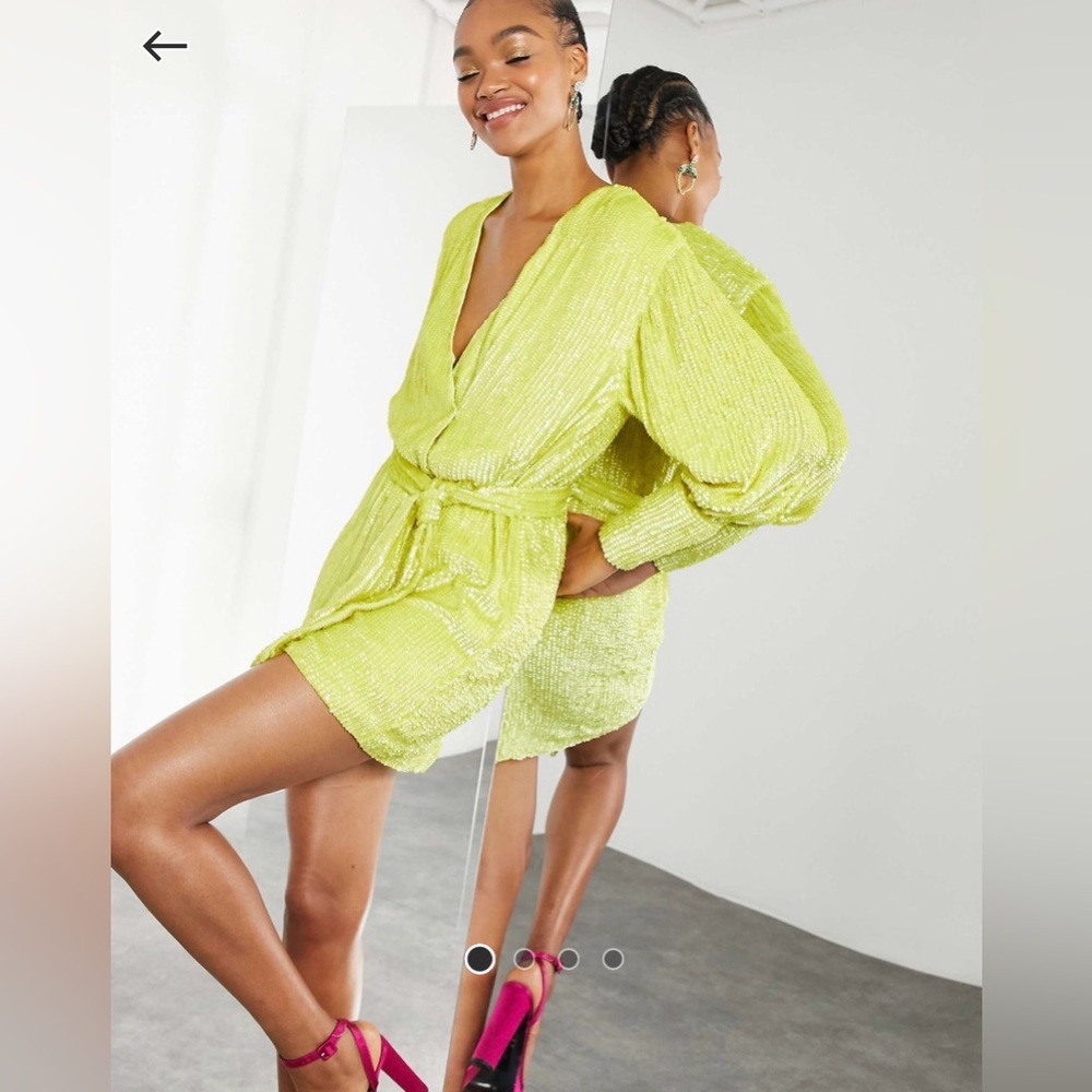 ASOS Edition Vibrant Lime Green Sequin Wrap Mini Dress, US 14